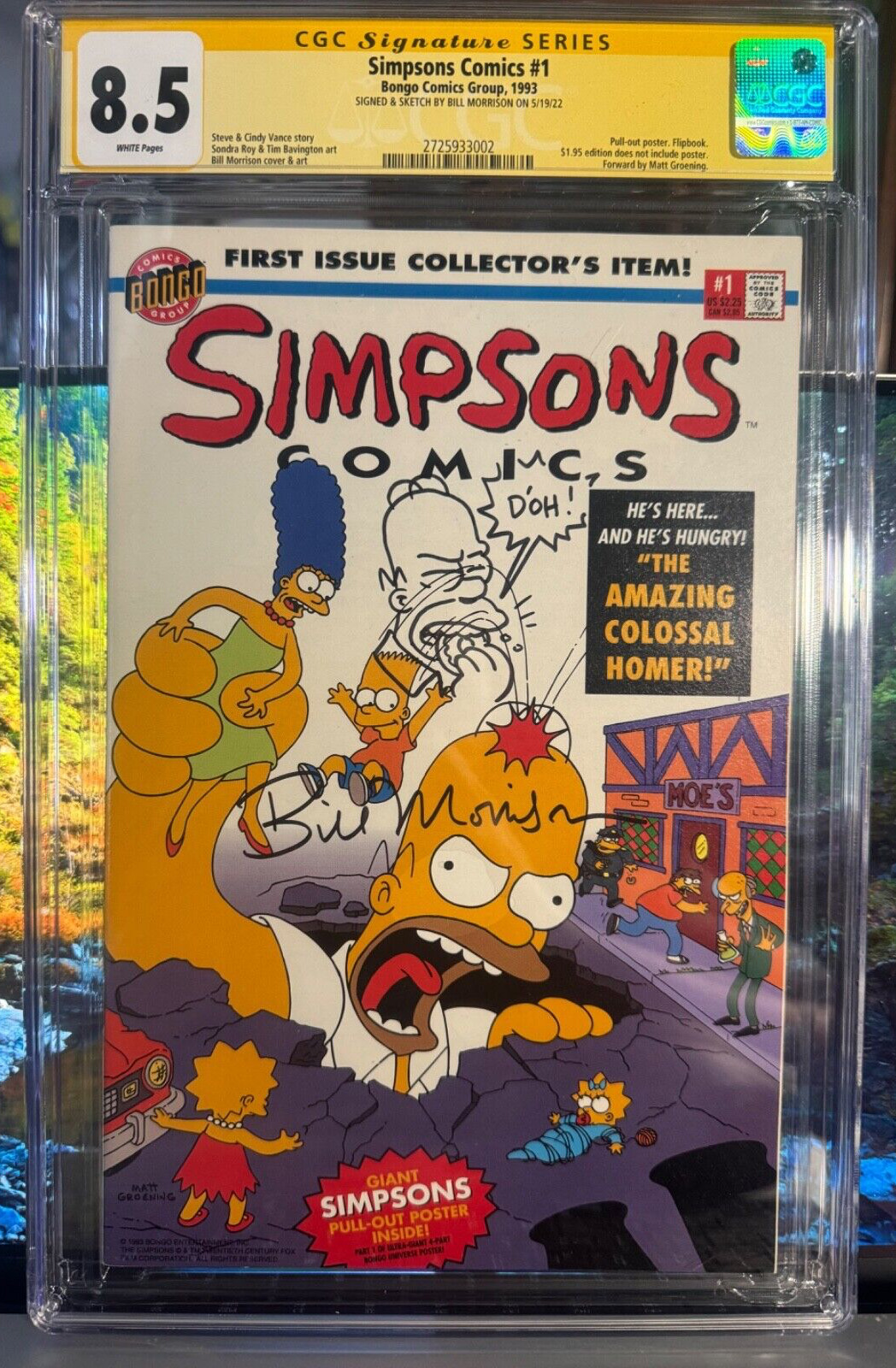 SIMPSONS COMICS #1 SS CGC 8.5 WHITE PAGES SIGNED & HOMER SKETCH BY BILL MORRISON