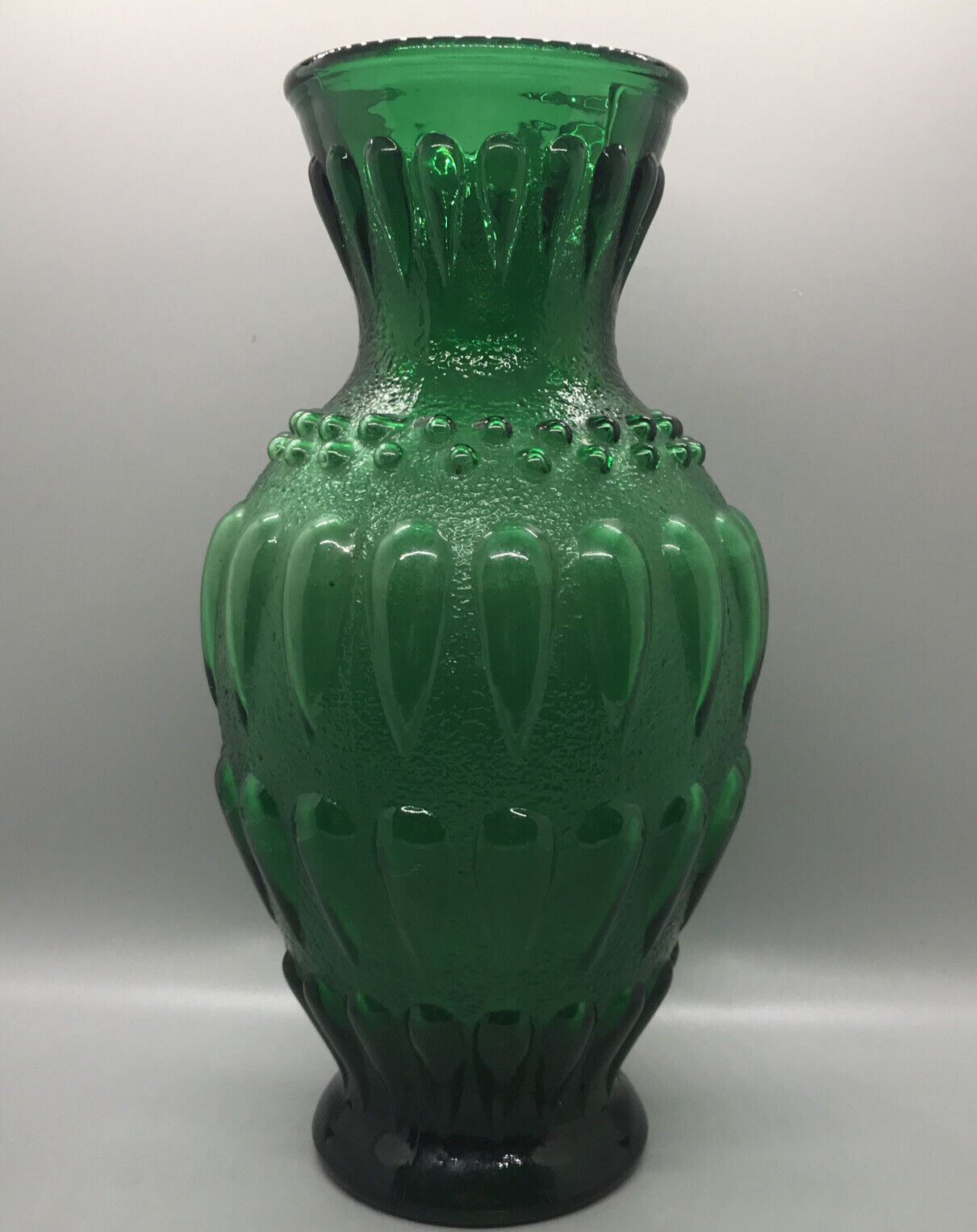 VTG Green Pressed Glass Beaded Vase 10 1/2” High