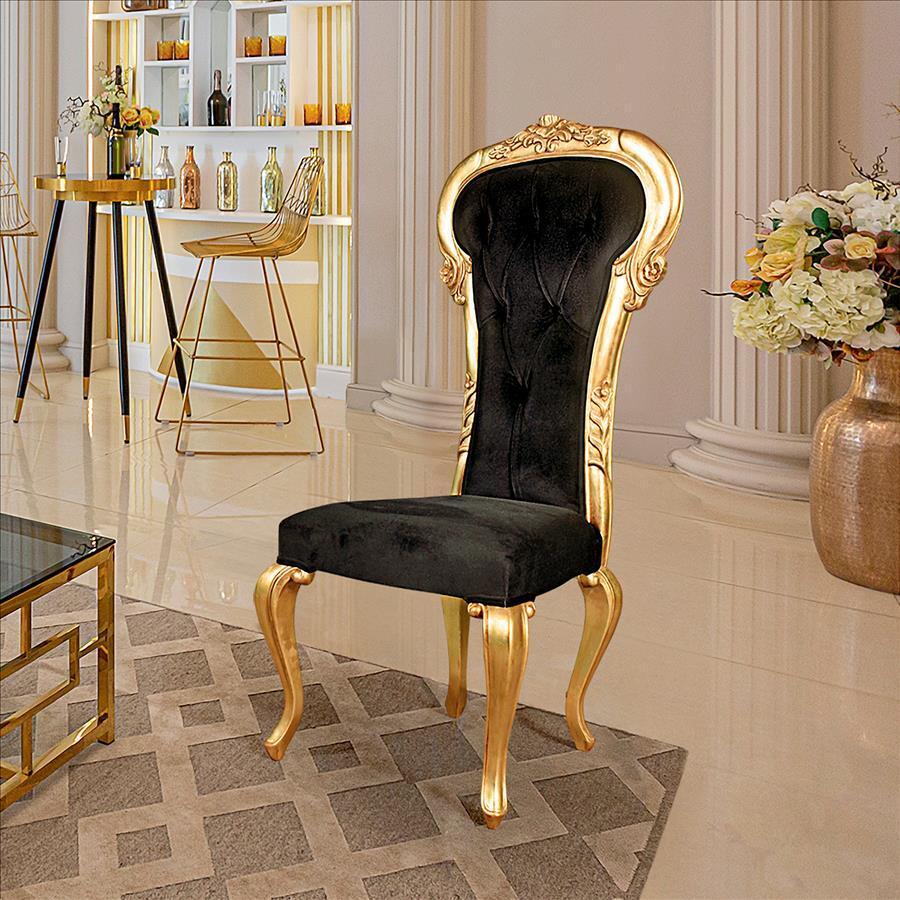 Solid Hand Carved Gold Leaf Mahogany Black Velvet Upholstery High Back Chair
