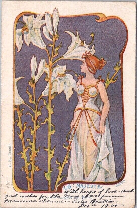 1900 French Language of Flowers / ART NOUVEAU Postcard Pretty Lady LIS: MAJESTE