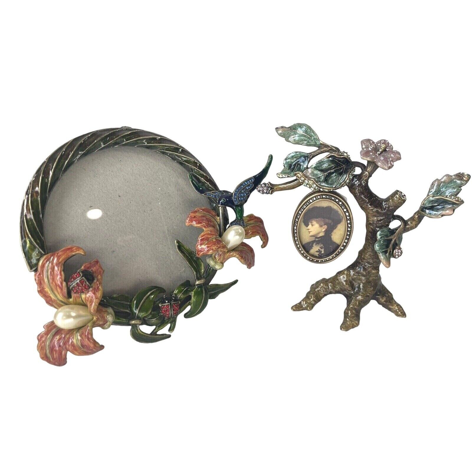 Jay Strongwater Jeweled Floral Tree Oval Frame and Round Hummingbird Enamel Lot
