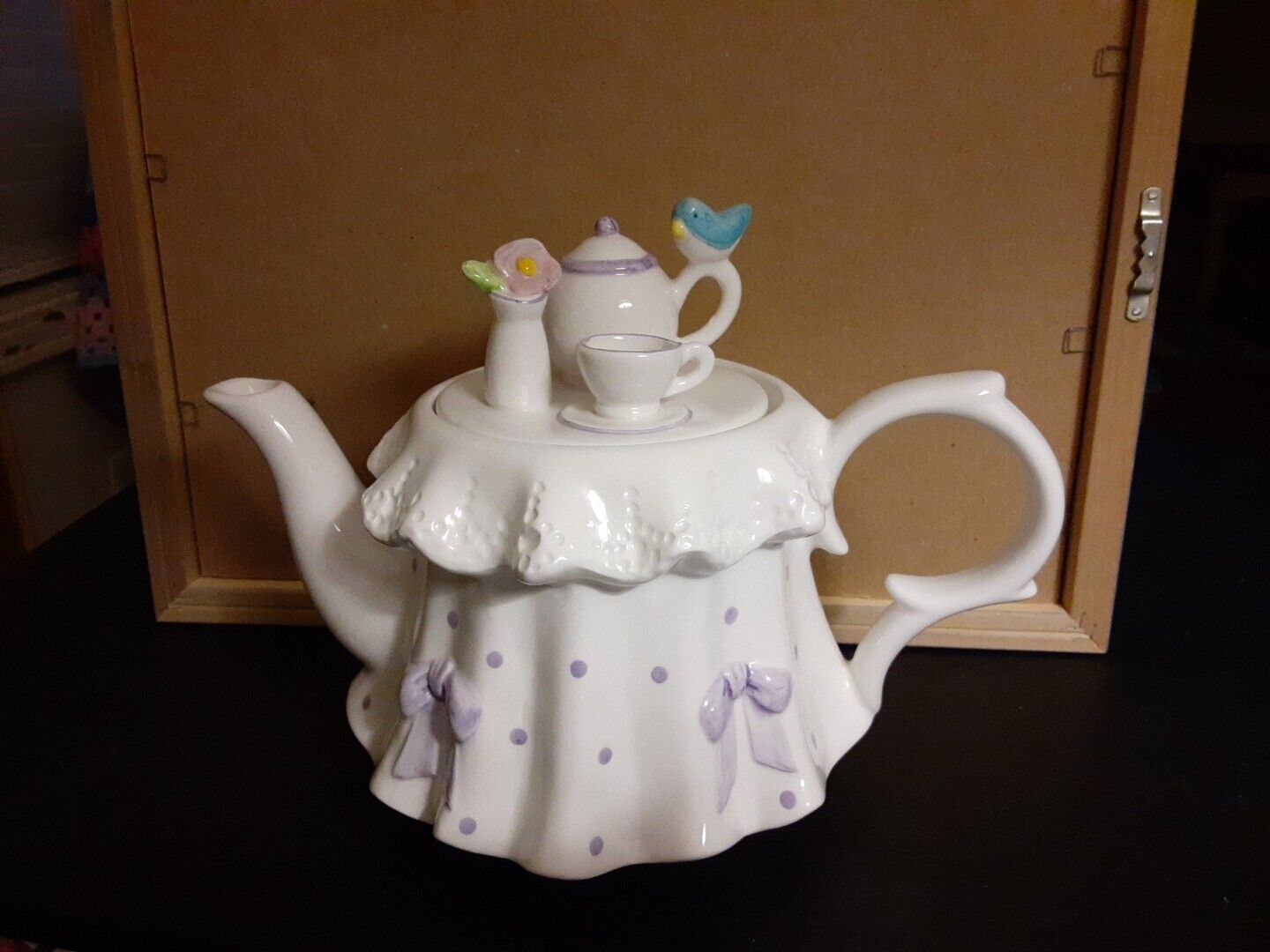 Teleflora Vintage Teapot, Tea Party,White, Purple bows & Polkas Dots, Blue Bird
