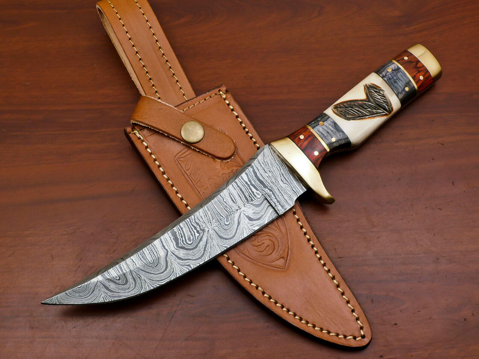 CUSTOM HAND MADE DAMASCUS BLADE BOWIE HUNTING KNIFE- ENGRAVED BONE - HB-3493