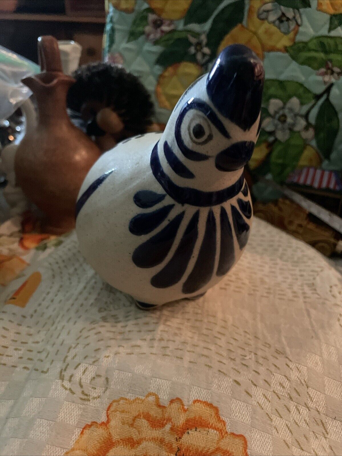 Vintage Tonala Mexico Hand Painted Folk Art Quail Bird Pottery Blue Floral