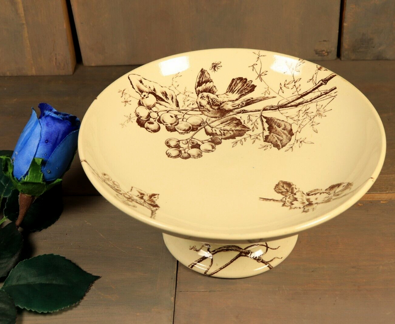 Antique French Compote  Bowl Ironstone Brown Transferware Aesthetic Bird 19thC
