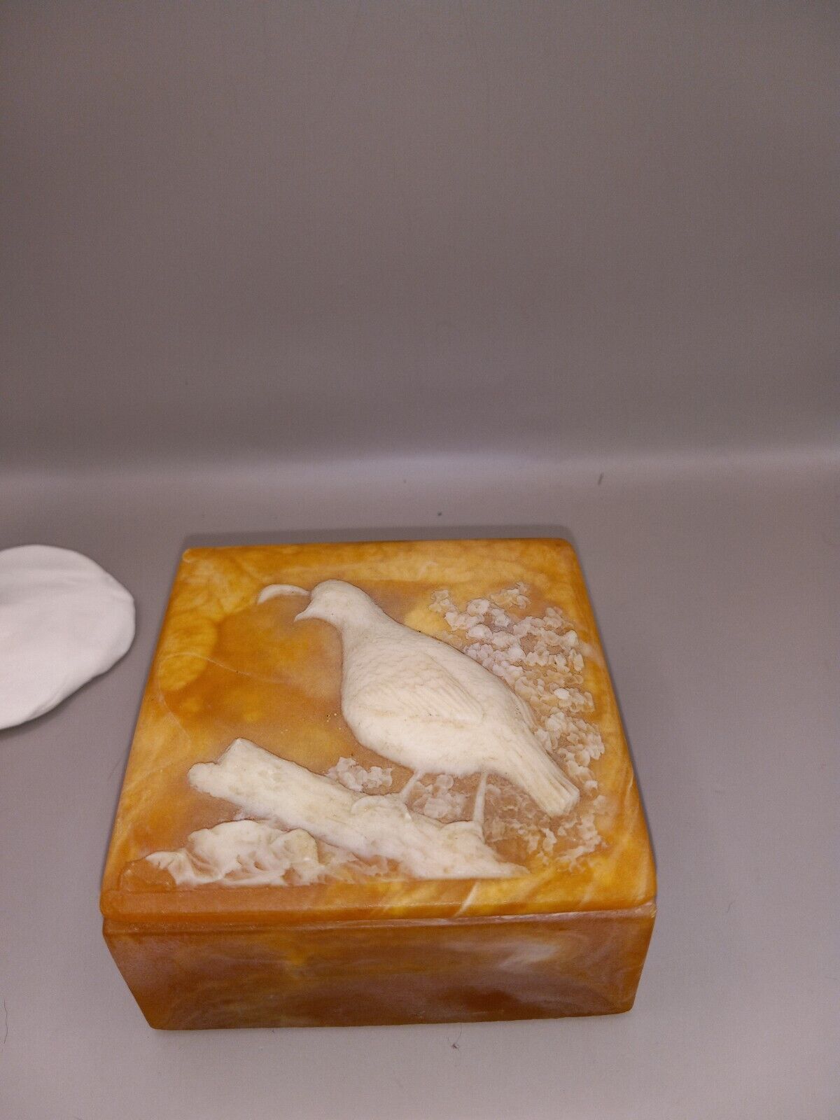 Vintage Incolay Stone Hand Carved in USA Orange Square Trinket Jewelry Box Quail