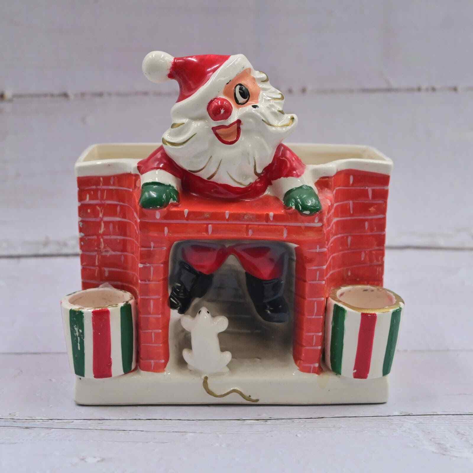 Vintage 1950s Capri Christmas Santa In The Chimney W/ Mouse Candleholder Figure 