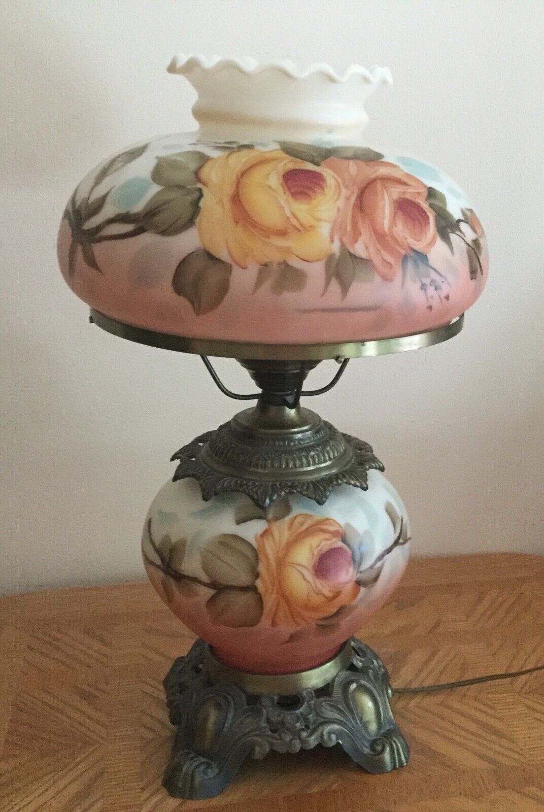 Antique Banquet Lamp Glass Globe GWTW Hurricane Lamp 3 Way Light Hand Painted