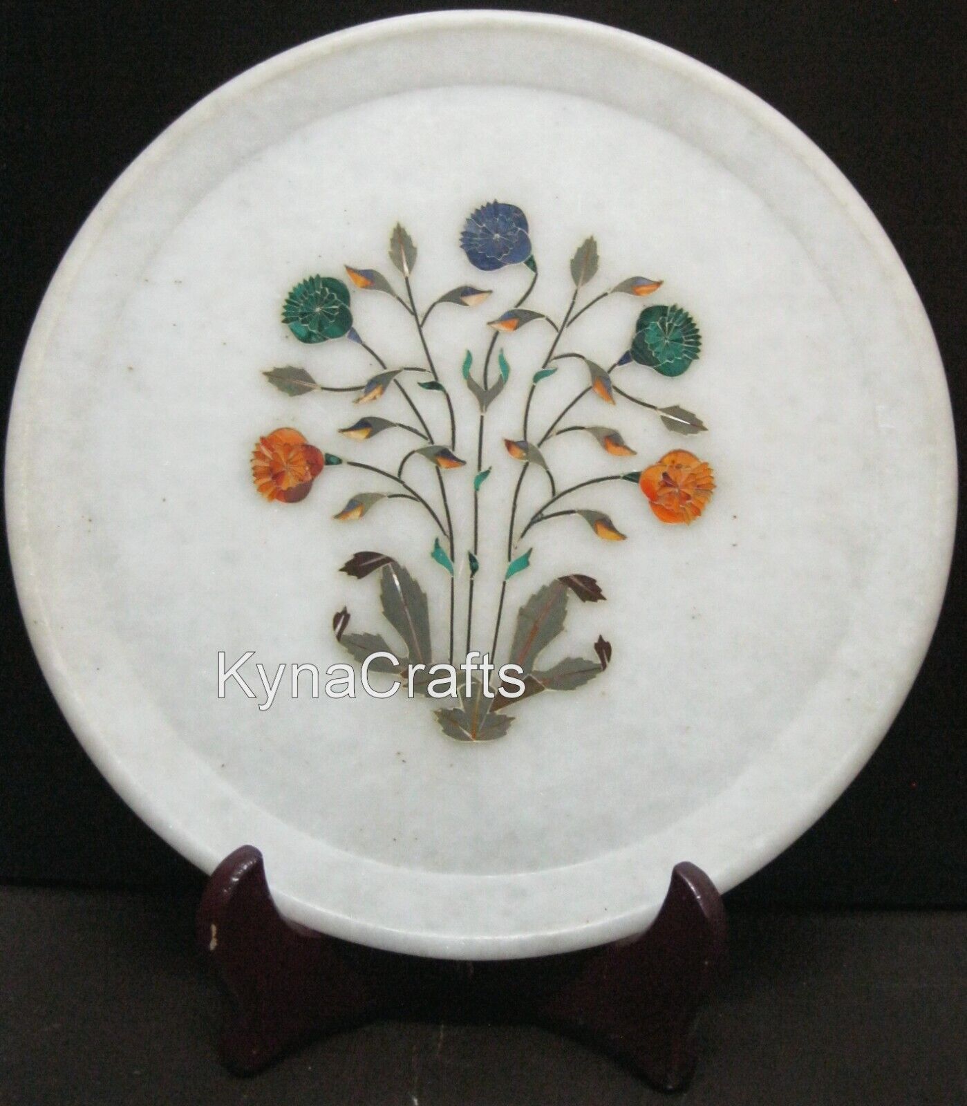 10 Inches Round White Marble Giftable Plate Gemstone Inlay Work Decorative Plate