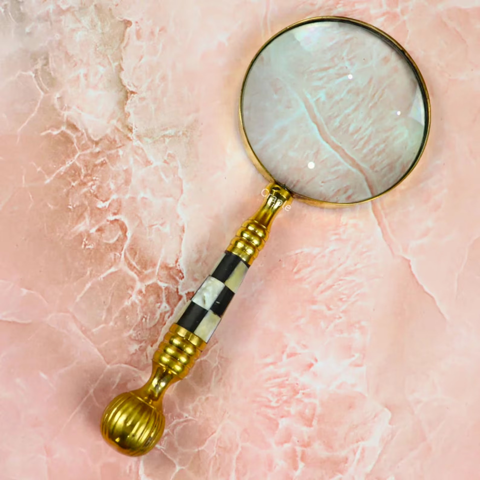 Antique Vintage Brass Magnifying Glass with Mother of Pearl Inlay and Chess gift