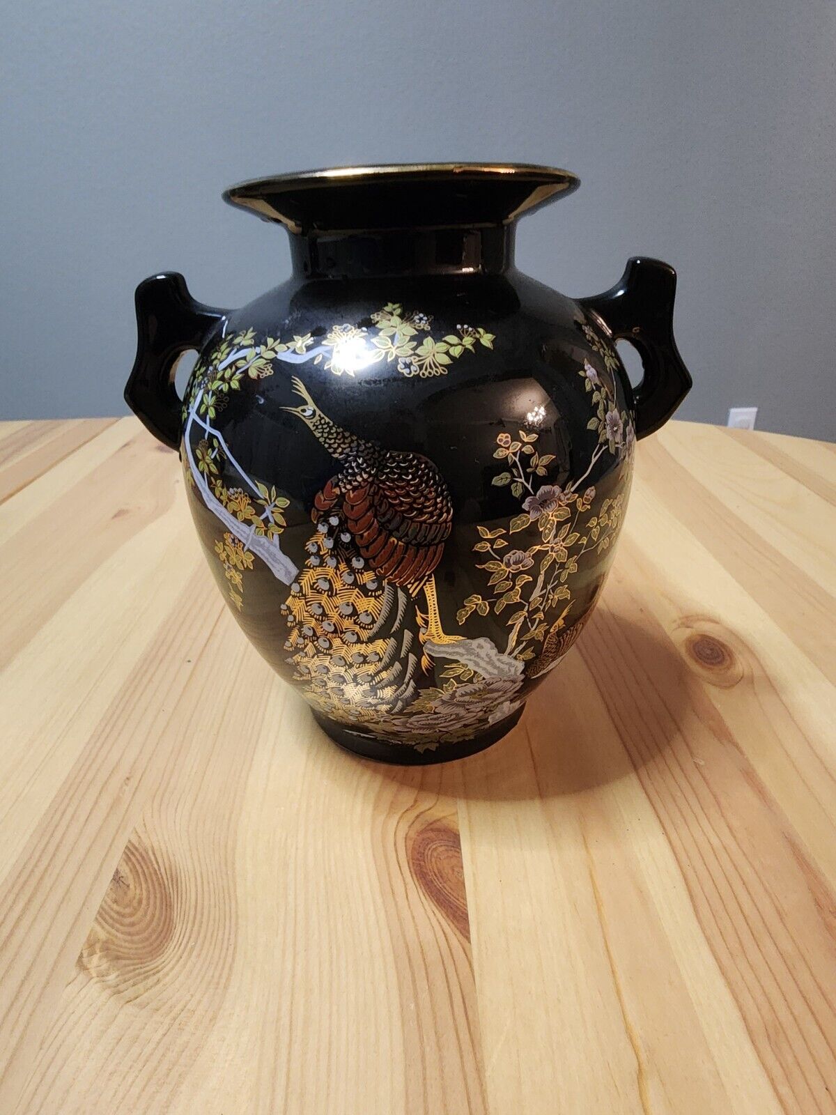 Japanese Double Handled Porcelain Vase Black Peacocks Cherry Blossoms 6