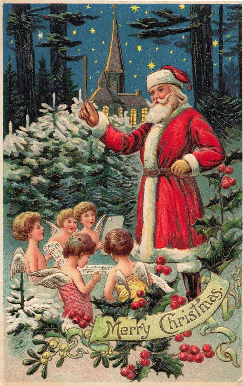 SANTA CLAUS with Cherubs~Angels~Church~Holly~Antique Christmas Postcard-h712