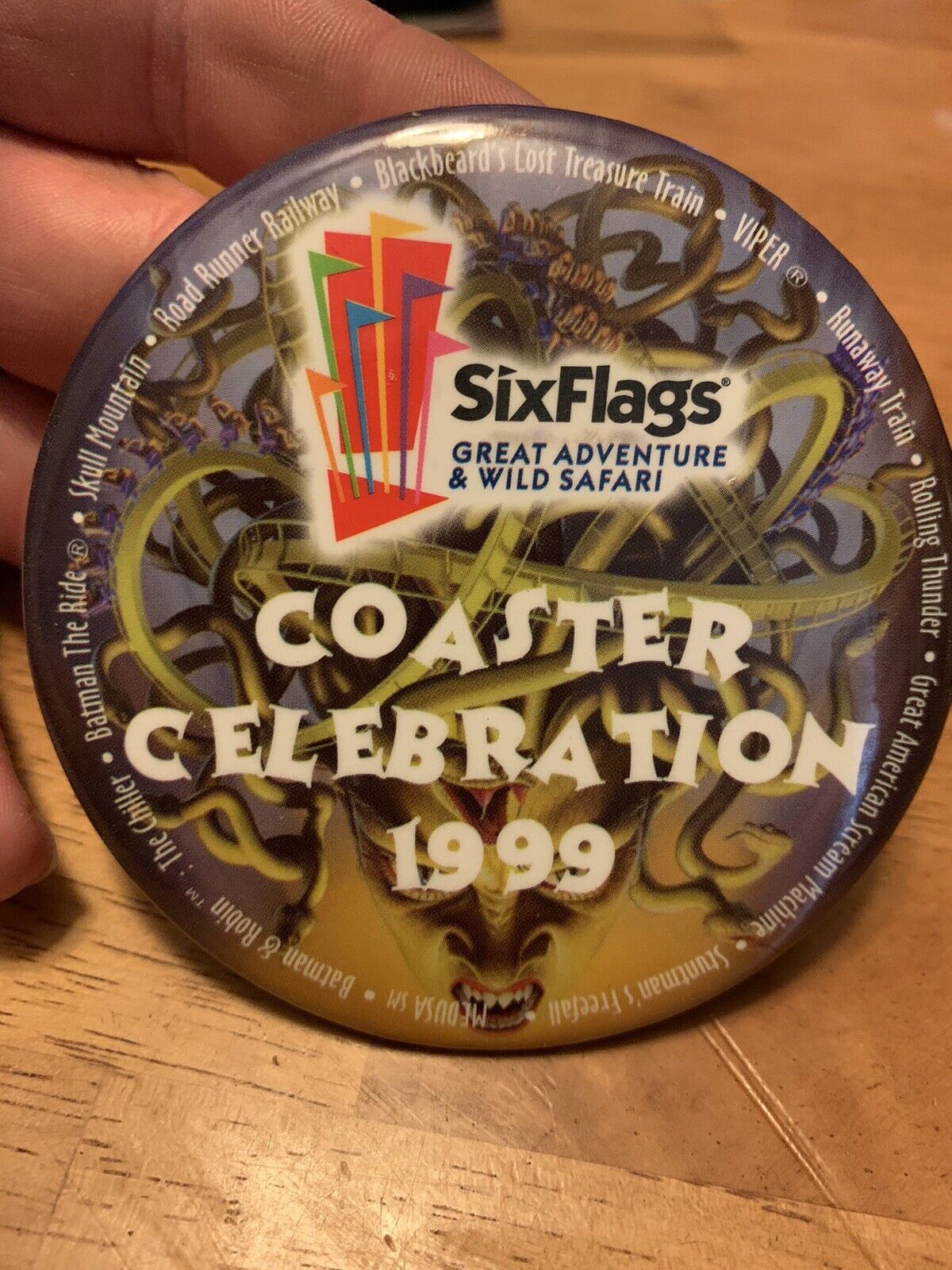 Vintage Six Flags Great Adventure Coaster Celebration Button 1999