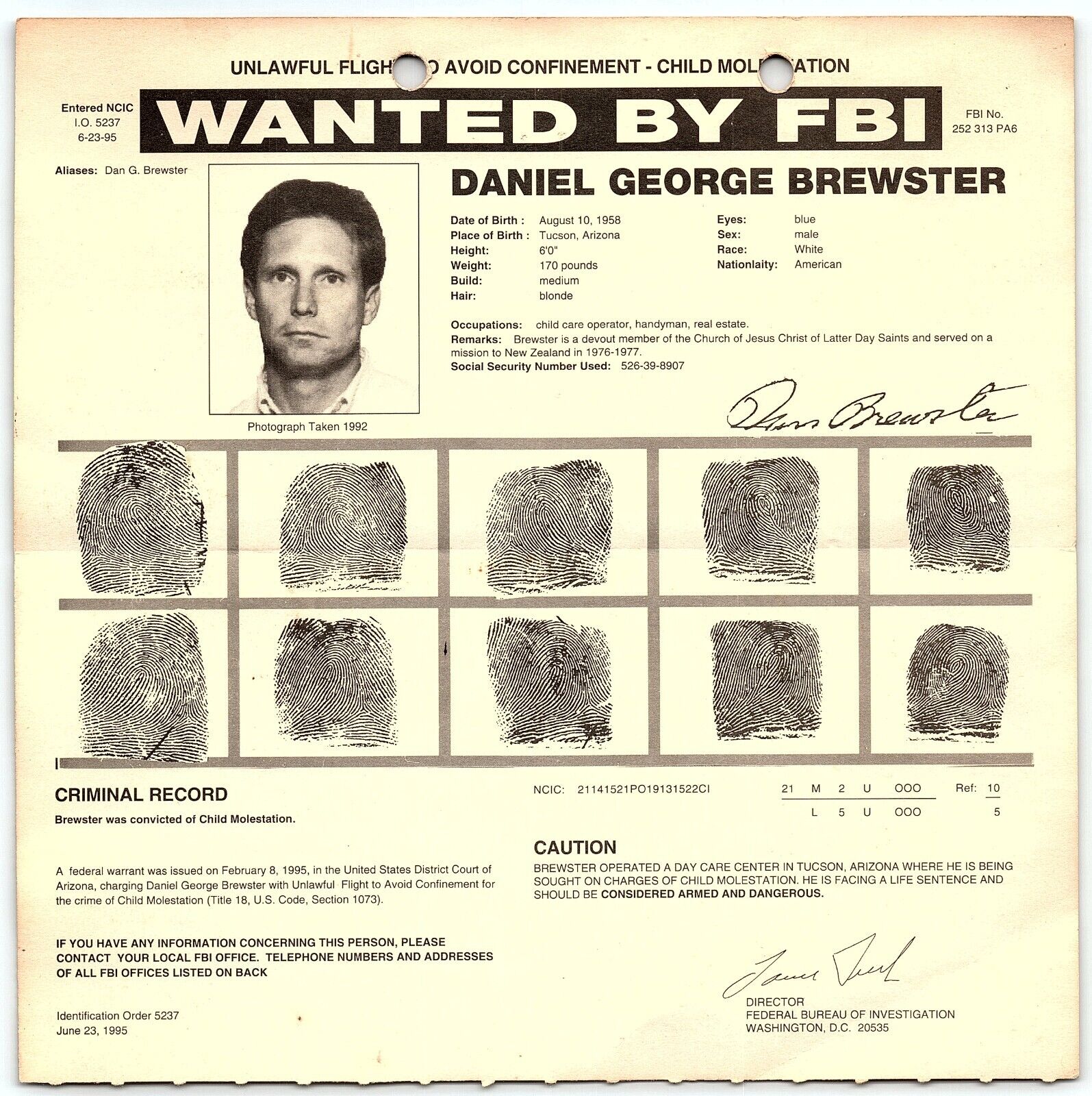1995 FBI WANTED POSTER DANIEL GEORGE BREWSTER CHILD MOLESTER UNCAPTURED  Z4965