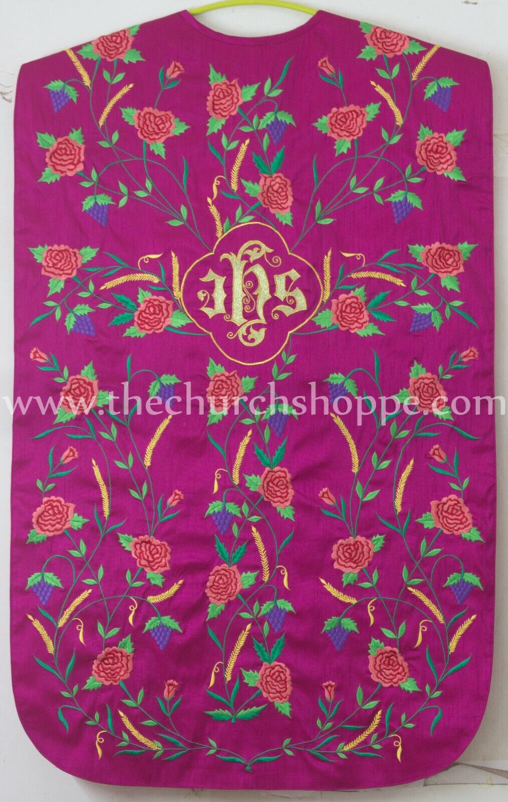 Dark Rose Roman Chasuble Fiddleback Vestment & 5pc mass set IHS embroidery 