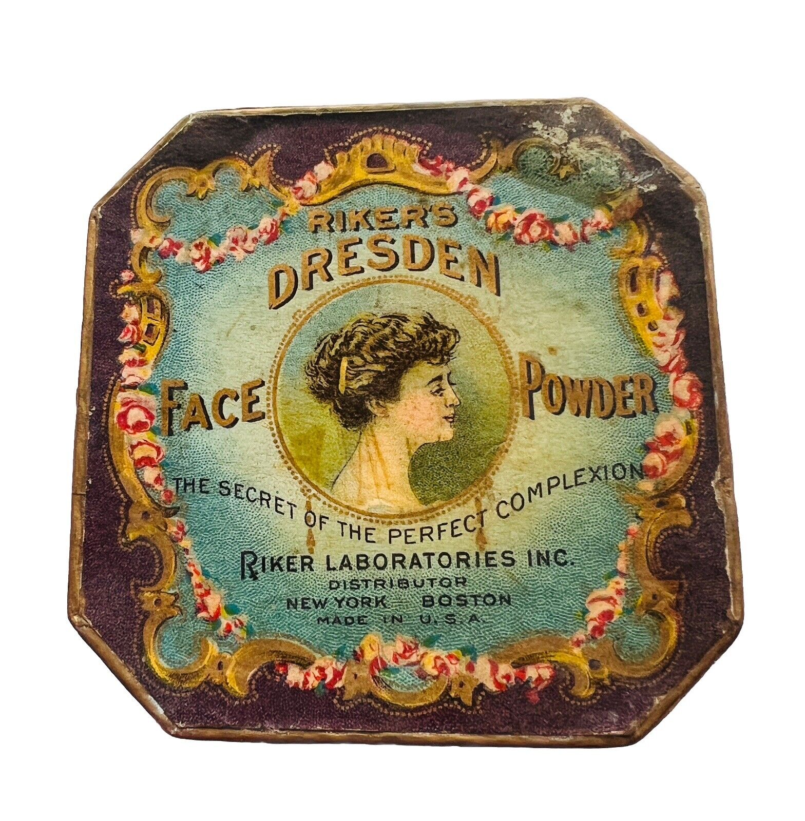 Rare Antique circa 1895/1906 Riker’s Dresden Face Powder Box Sealed Full Inside