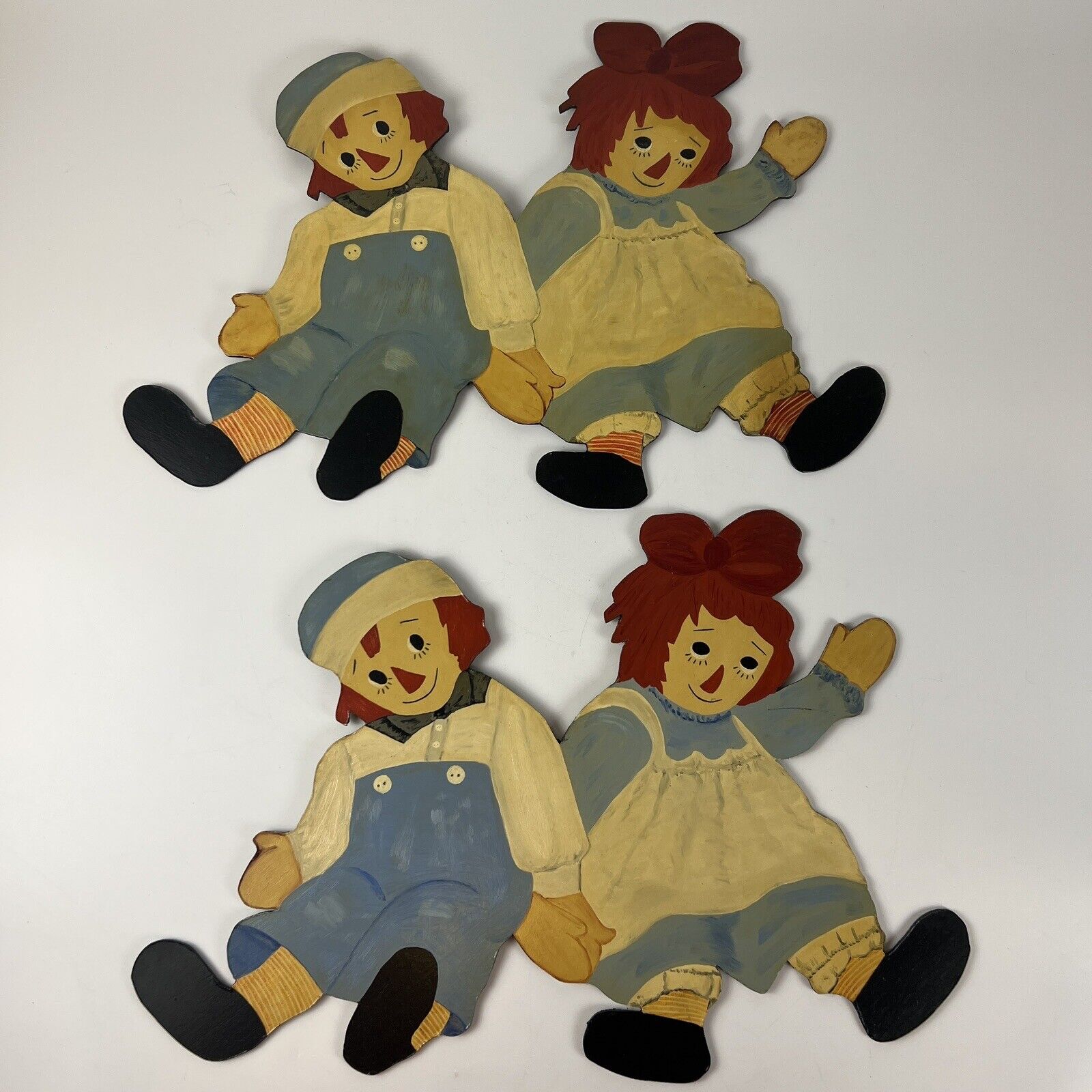 Vtg Pair Of Weathered Raggedy Ann & Andy Hand Painted Wall Hangings Aged