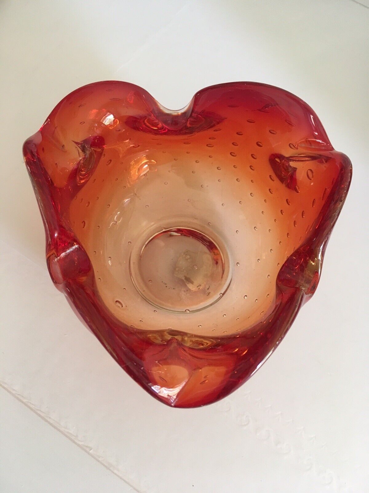 Vintage OMBRE ORANGE Art Glass Bowl Ashtray Mid Century HAND BLOWN Bubbles