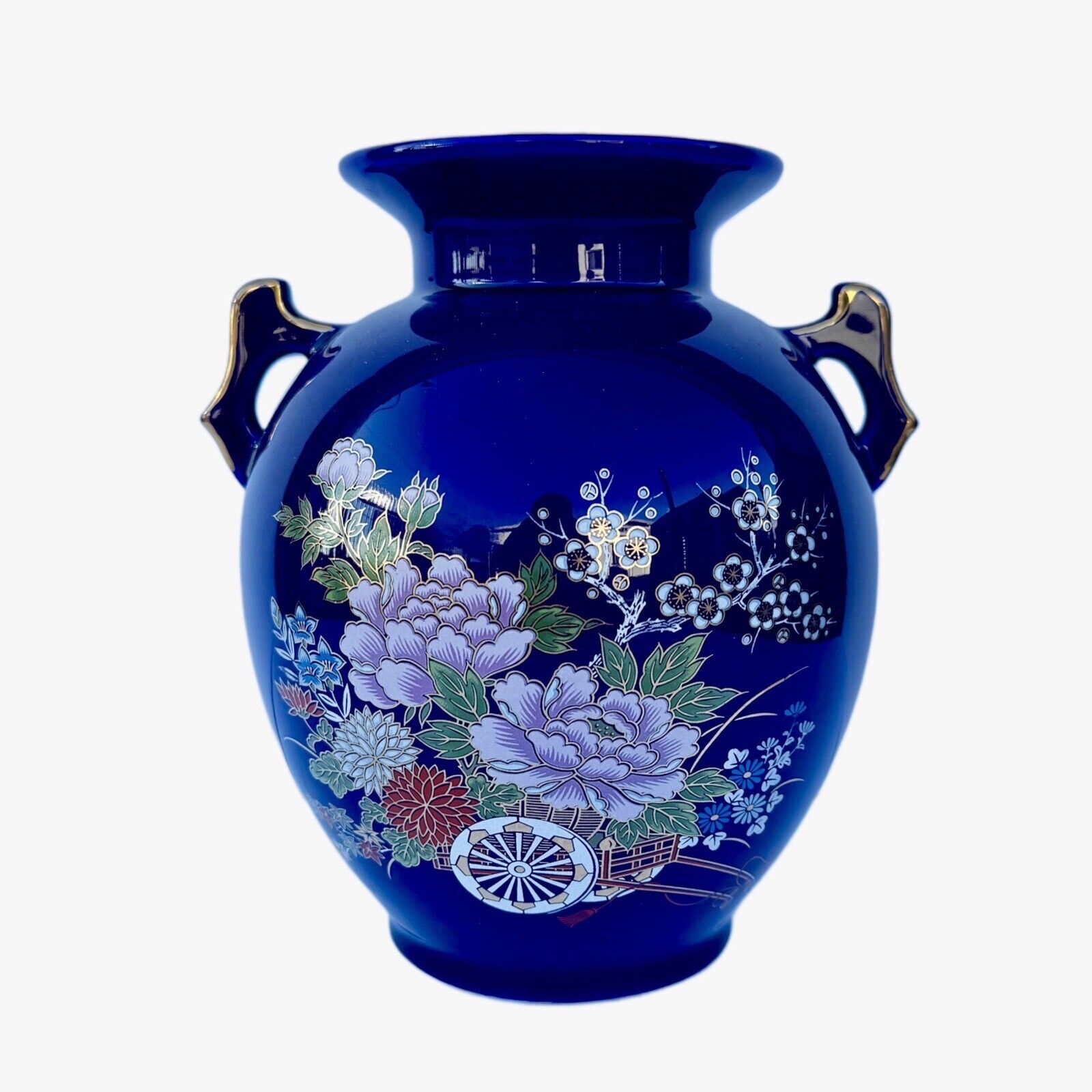 Vtg Cobalt Blue Porcelain Vase Kutani Style Wagon Flowers Gilt Made in Taiwan 9”
