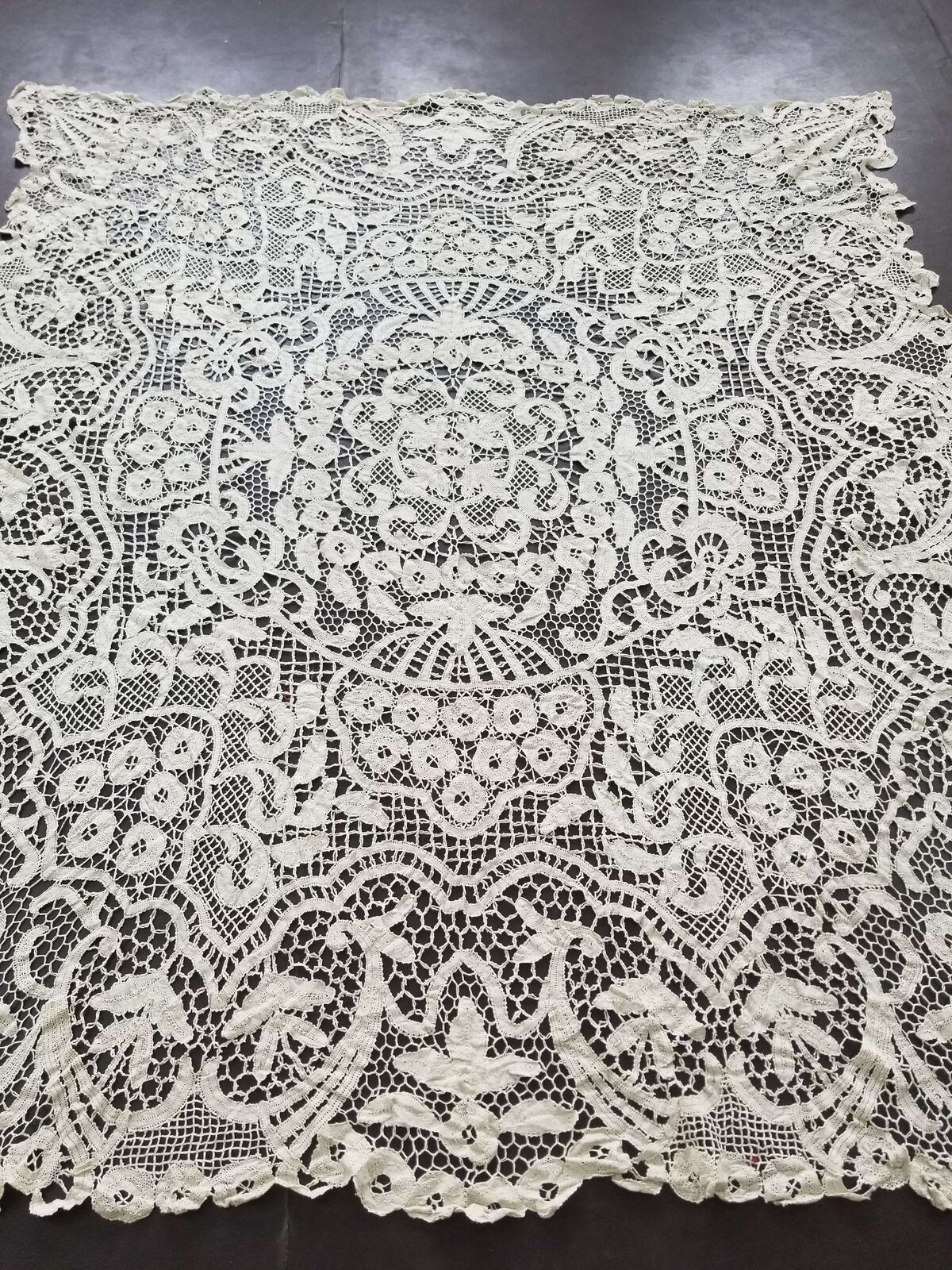 Antique beautiful 19th century French handmade tape lace tablecloth 214x192cm