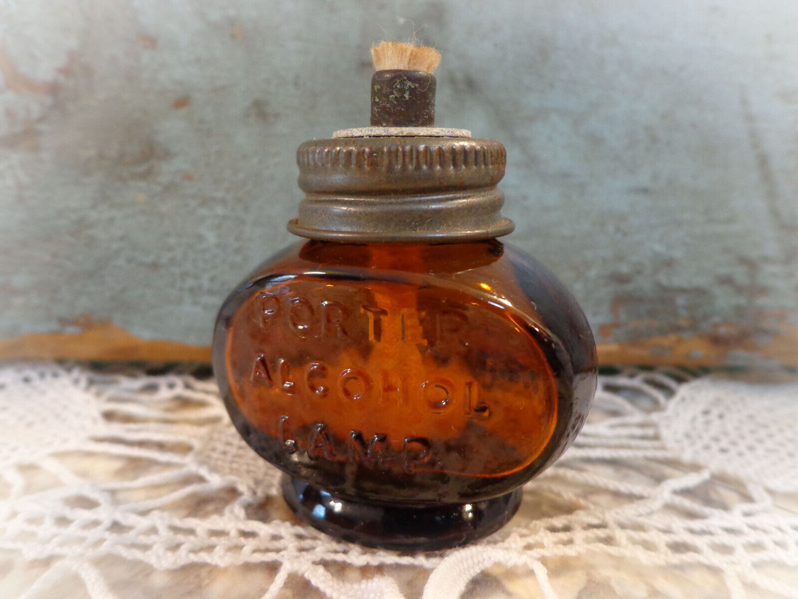 vintage amber glass bottle brown miniature Porter alcohol lamp
