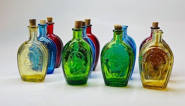US Presidents Set Of 12 Wheaton Glass Bottle Decanters Rainbow Color Bottles