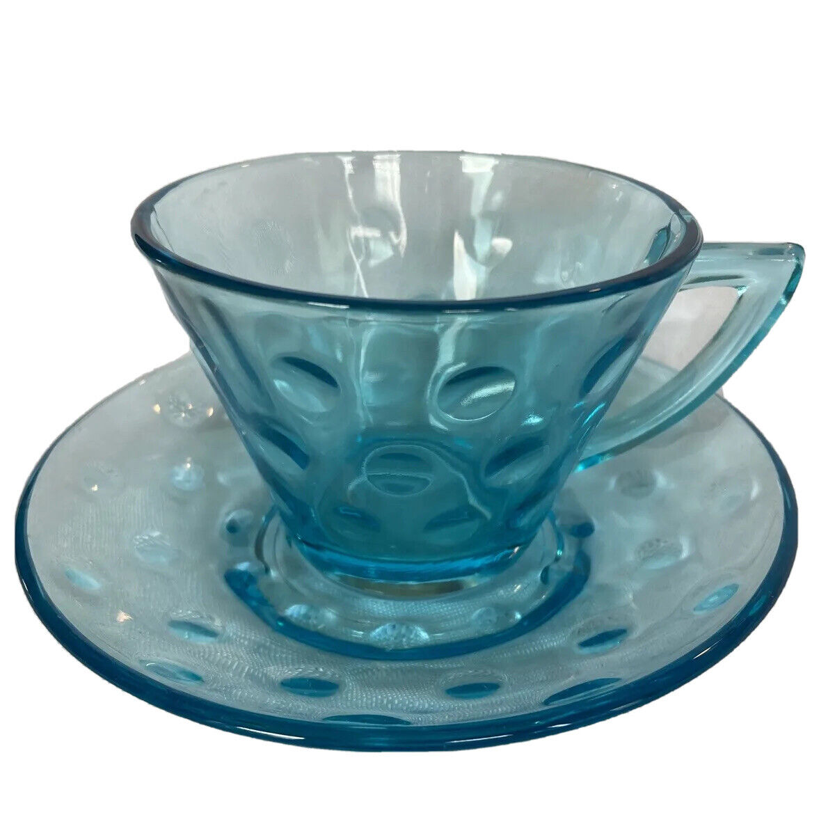Hazel Atlas Cup & Saucer Capri Blue Dot 1960s MCM Turquoise Glass Mothers Day