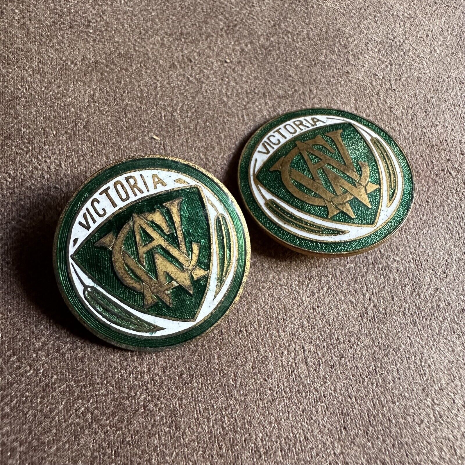 2x VINTAGE COUNTRY WOMANS ASSOCIATION VICTORIA GREEN ENAMEL PIN BADGES STOKES 