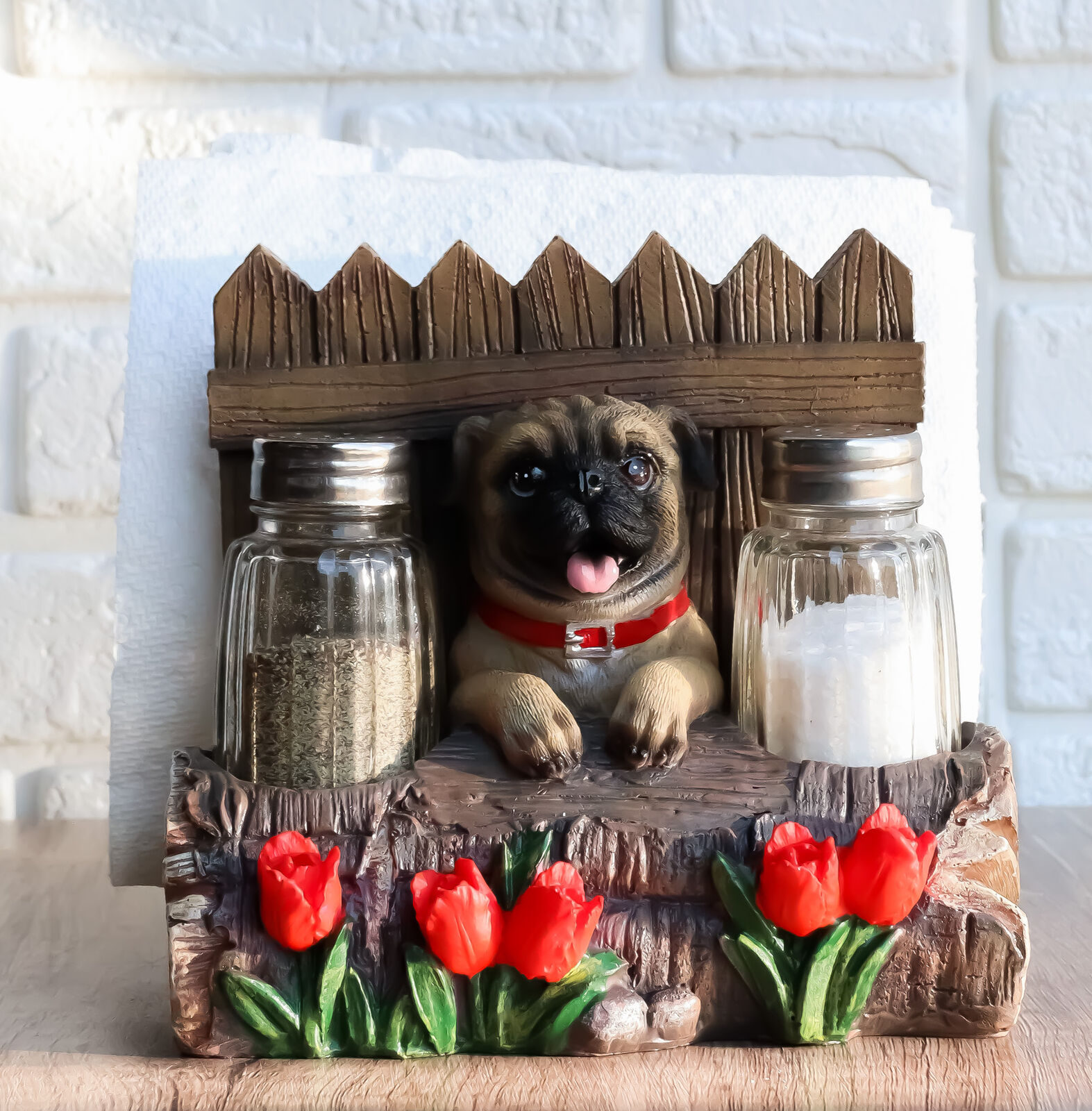Panting Pug Dog By Fences & Flower Bed Dinner Napkin Salt Pepper Shakers Holder