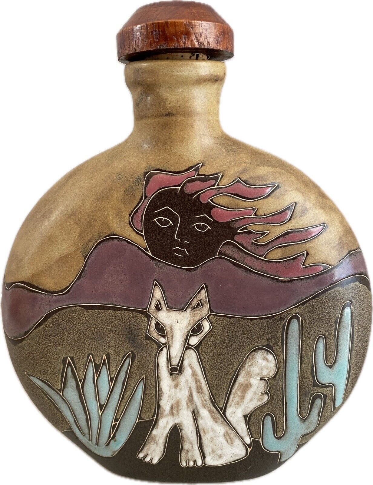 Vintage Mara Mexico Art Pottery Decanter Southwest Coyote Double Side Designed
