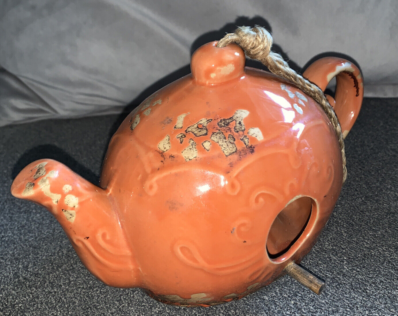 Vintage Orange Rustic Ceramic Teapot Birdhouse 