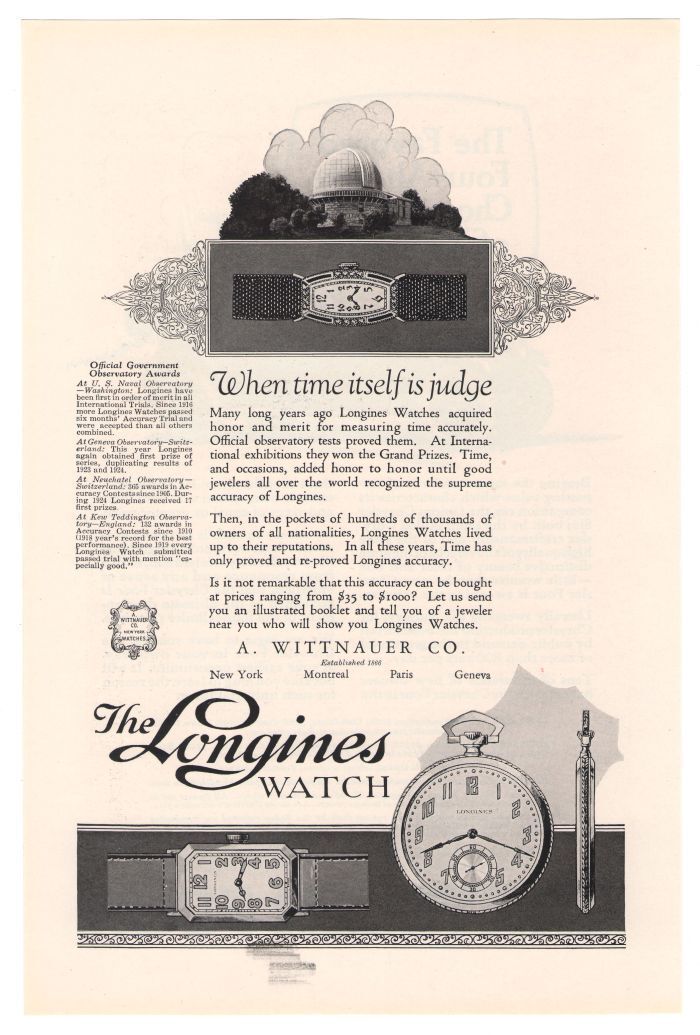 1925 Longines pocket watch ORIGINAL AD wristwatch Wittnauer Observatory vtg \'20s