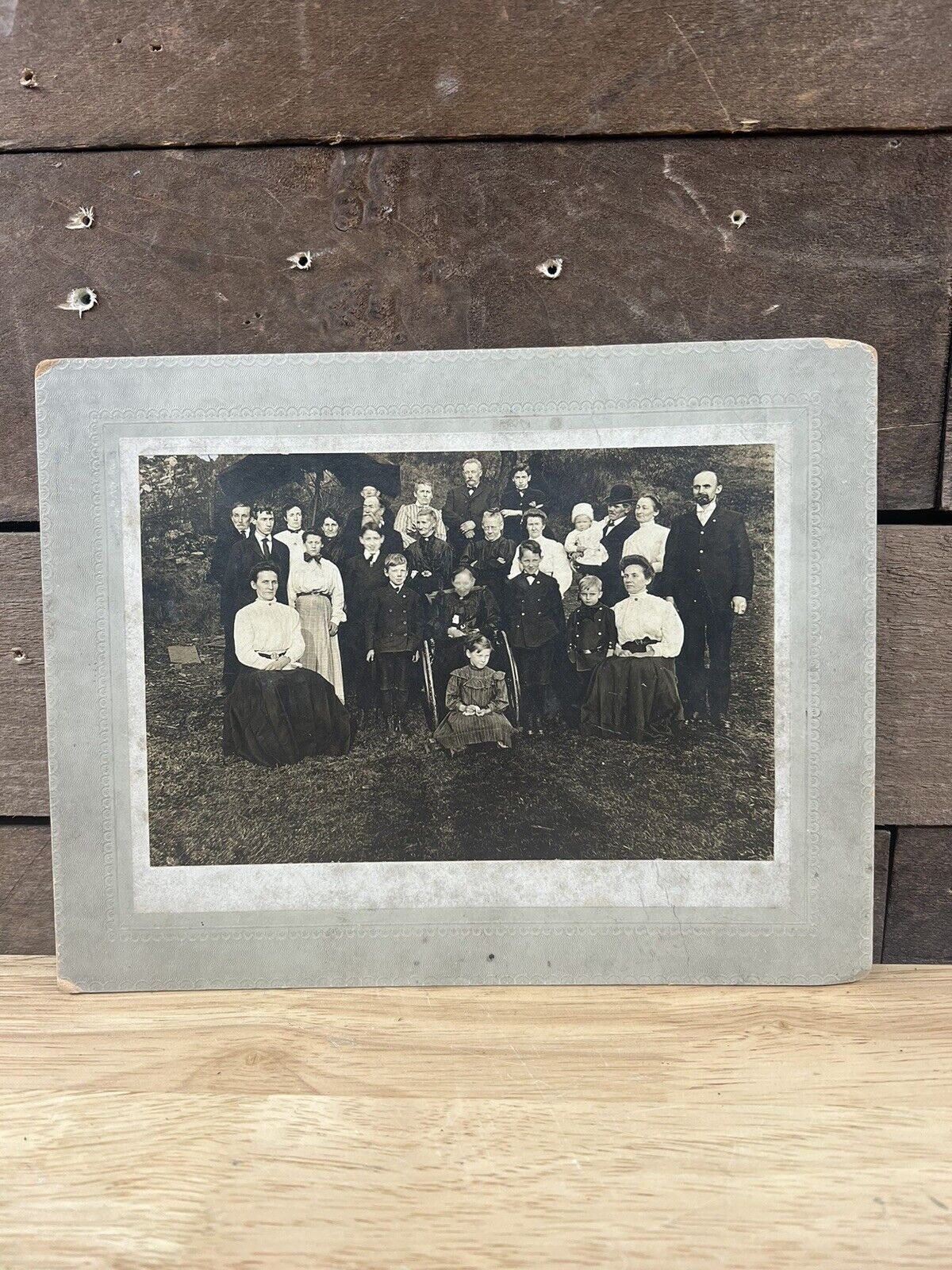 Antique Black And White Family Portrait Cardboard Photograph Blurred Faces