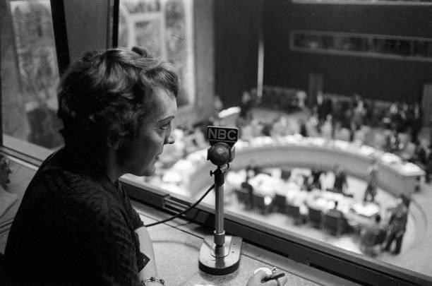 Journalist Pauline Frederick broadcasting from the United Nations 1958 OLD PHOTO