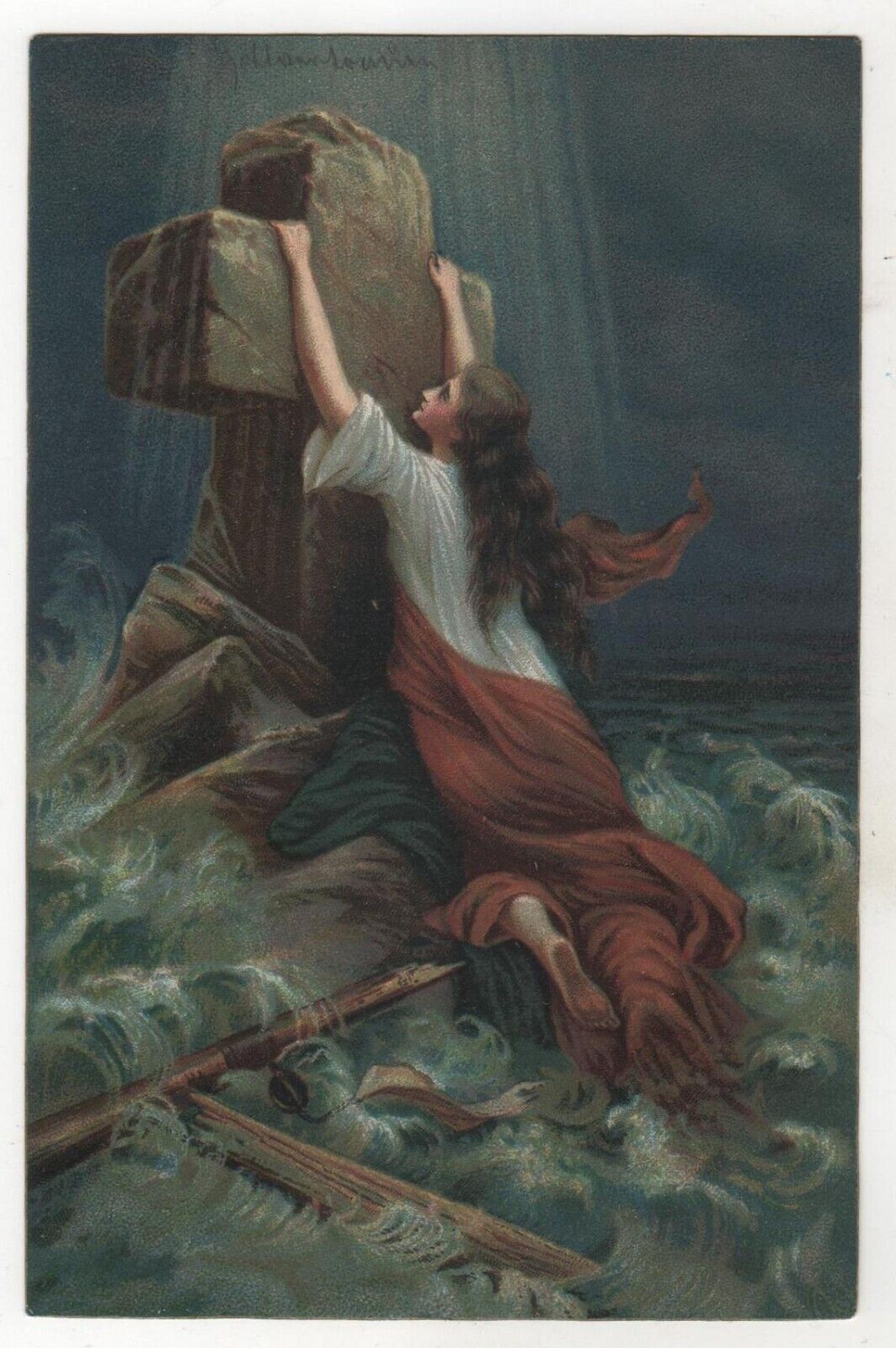 Antique Postcard Faith in God Woman clinging to the cross Storm Sea shipwreck