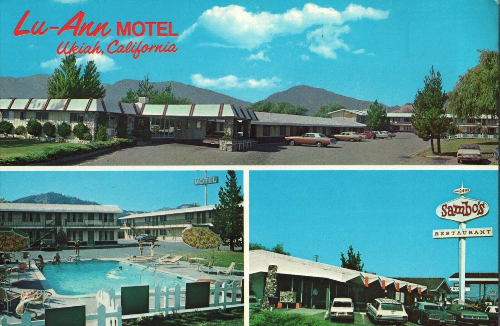 Lu-Ann Motel & Sambo’s Restaurant 1970s Ukiah California Vintage Postcard