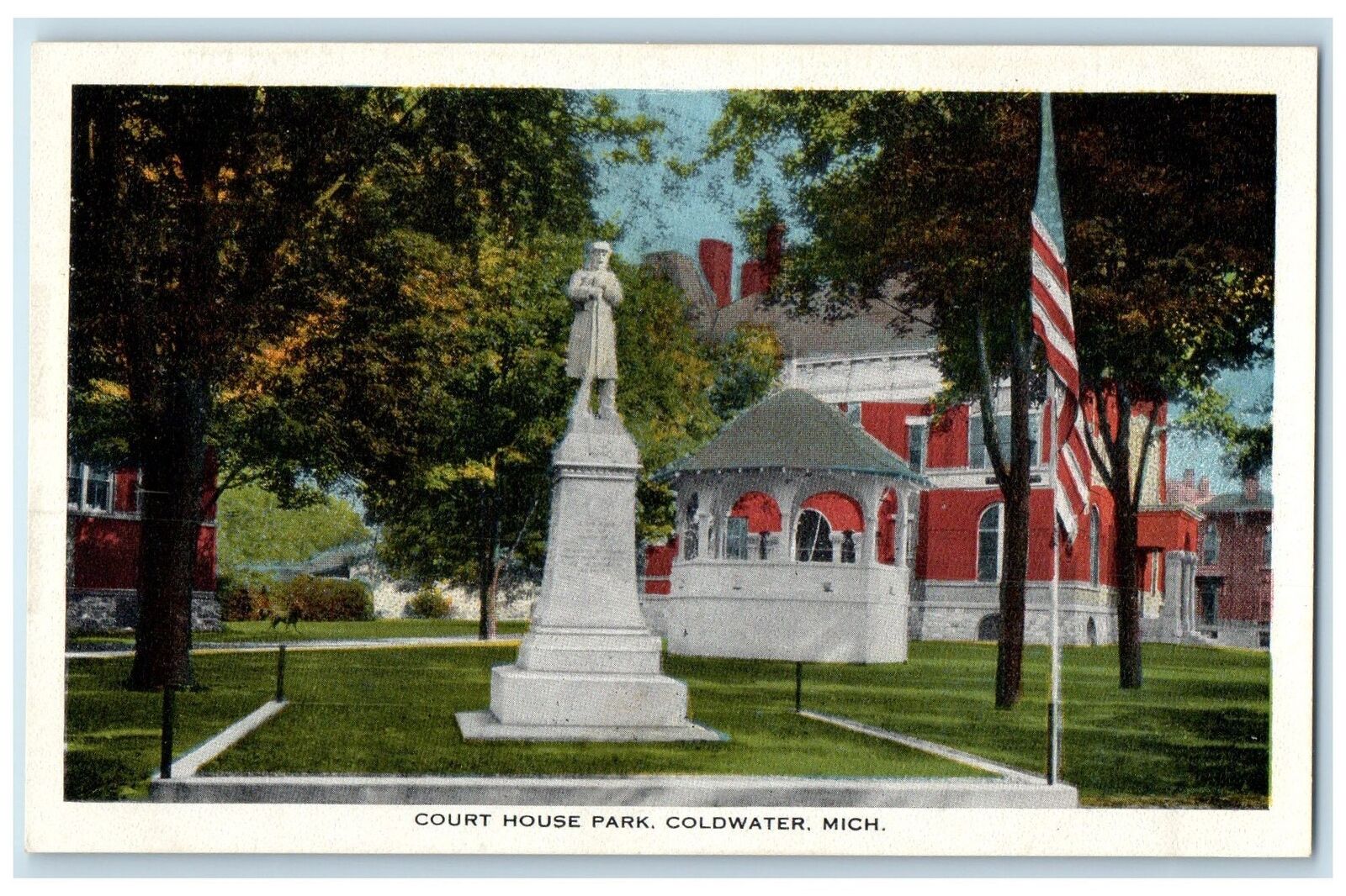 c1920's Court House Park Monument American Flag Coldwater Michigan MI Postcard