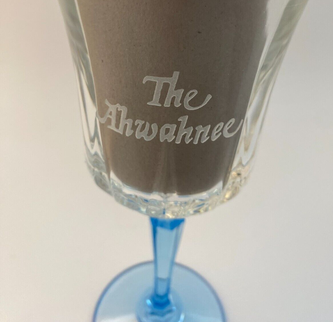 The Ahwahnee Hotel Yosemite Etched Crystal Wine Glass Blue Stem