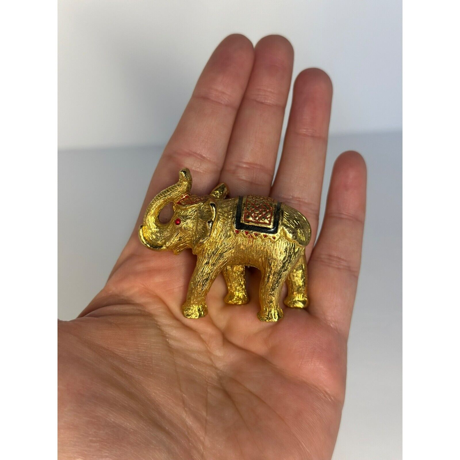 VTG Elephant Figurine 24kt GP Ruby Red Rhinestone Eyes Trunk Up Home Decor
