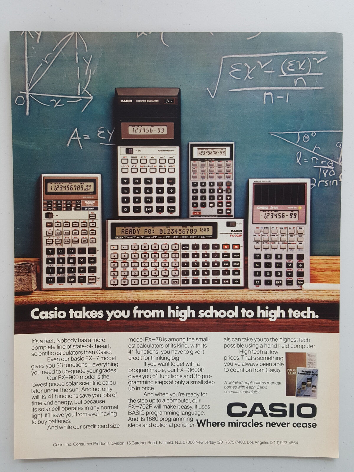 1982 Casio Calculators FX 7 78 702P 900 3600P Chalkboard vintage Print Ad