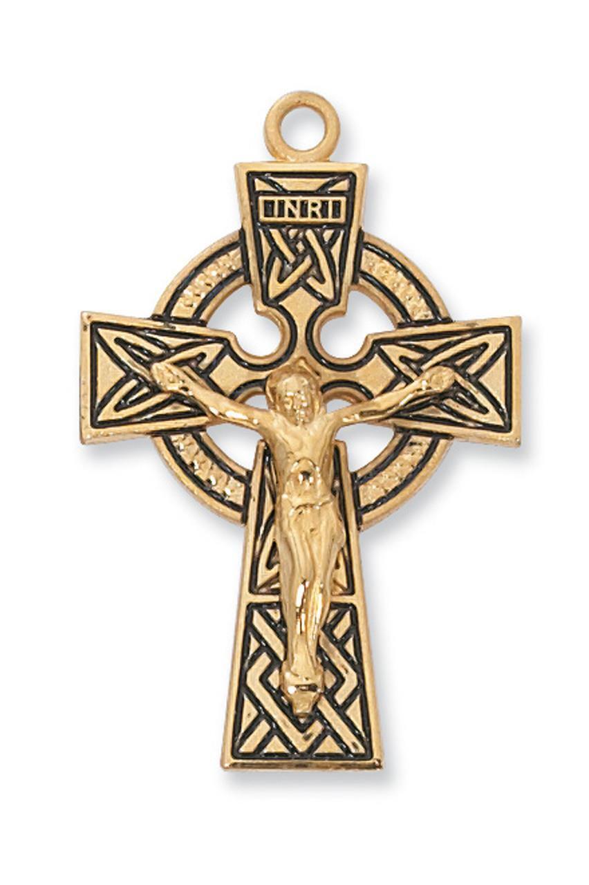 Gold Tone Sterling Silver Celtic Crucifix Features 24in Long Chain