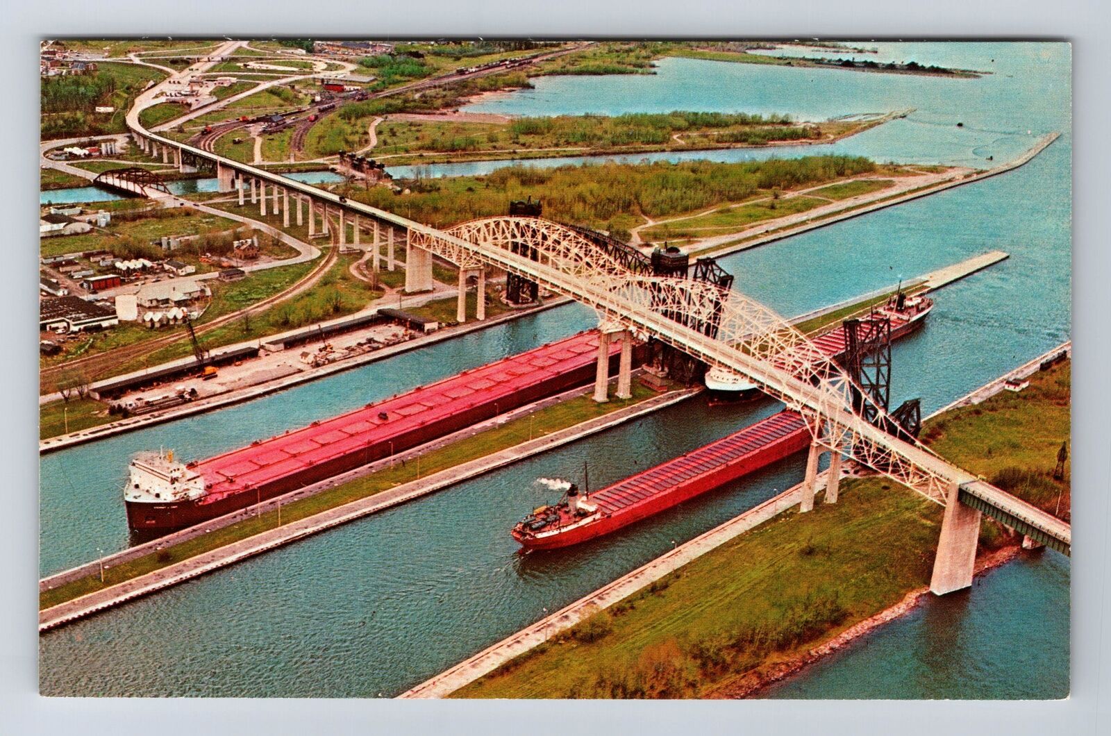 Sault Ste Marie MI-Michigan, Soo Locks, International Bridge, Vintage Postcard