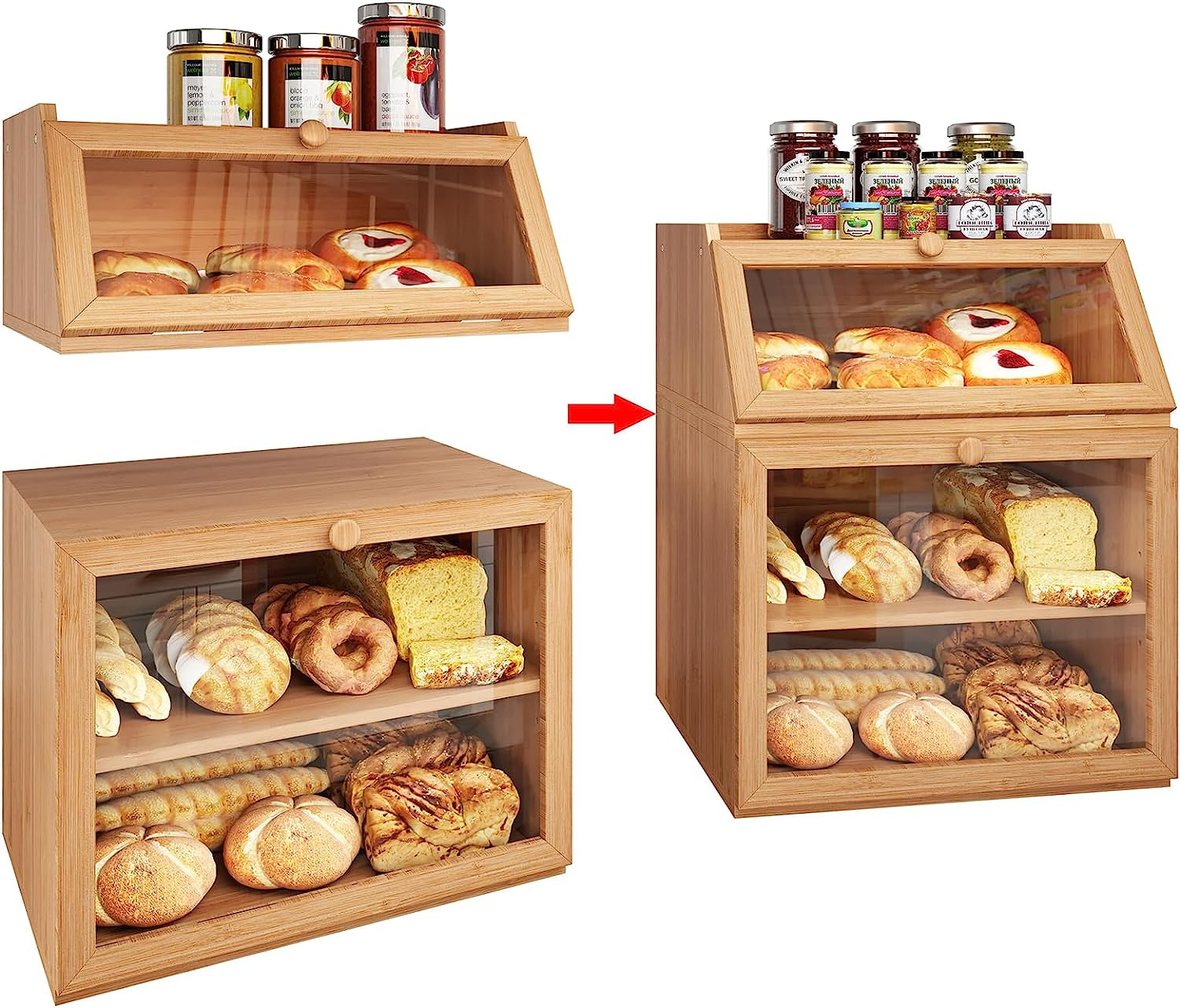 3-Tier Large Double Separable Bamboo Bread Box Storage with Clear Window and Adj