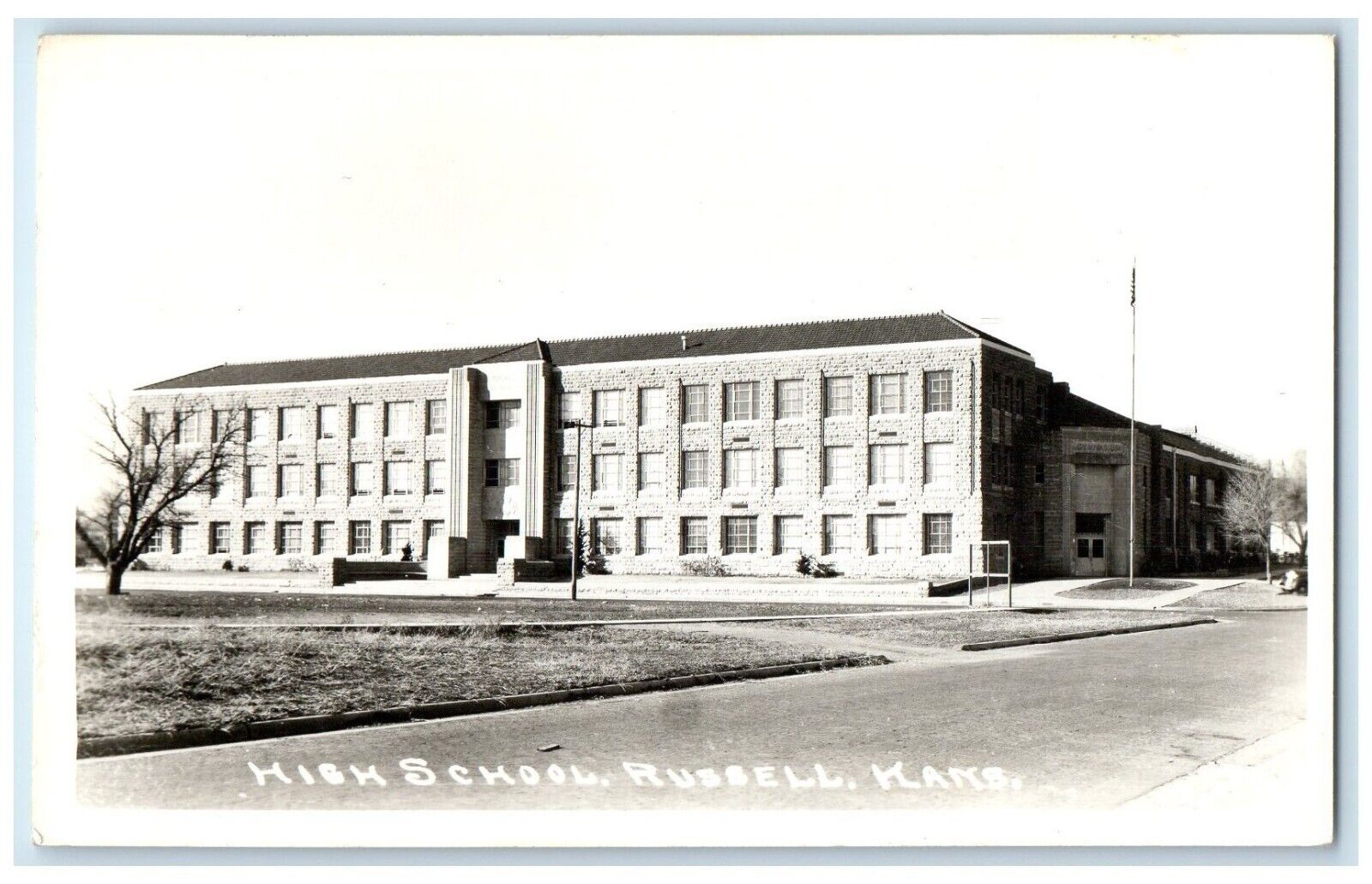 c1940's High School Building Campus Russell Kansas KS RPPC Photo Postcard