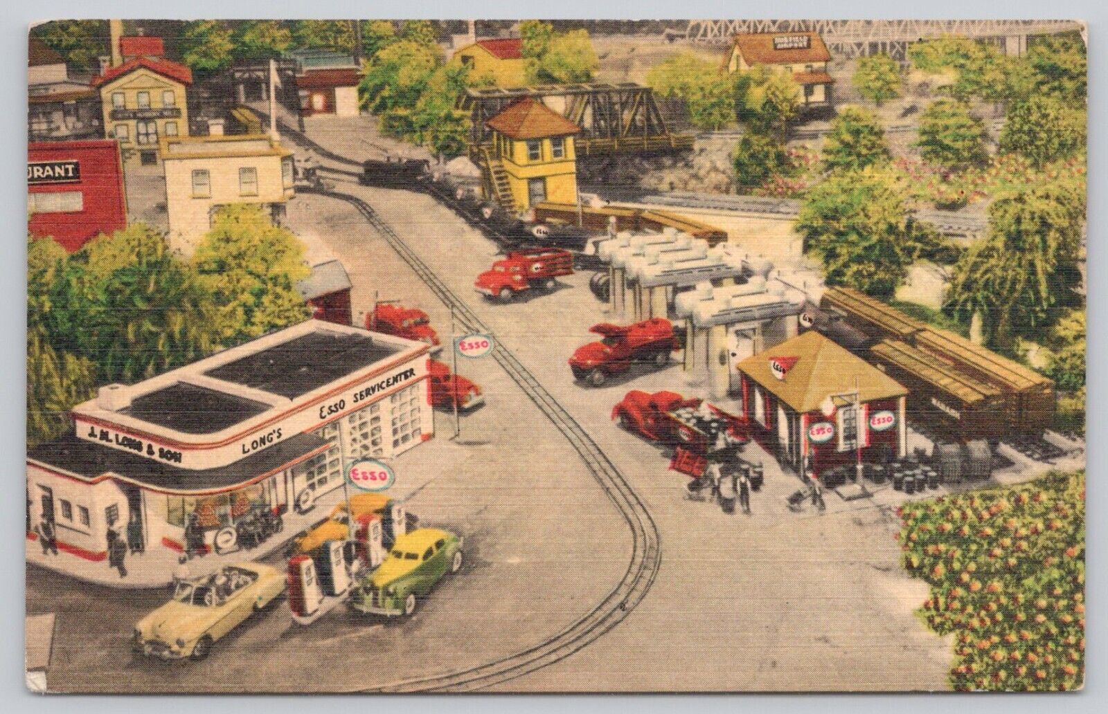 Postcard Indoor Miniature Village Roadside America Gas Station Railroad Unposted