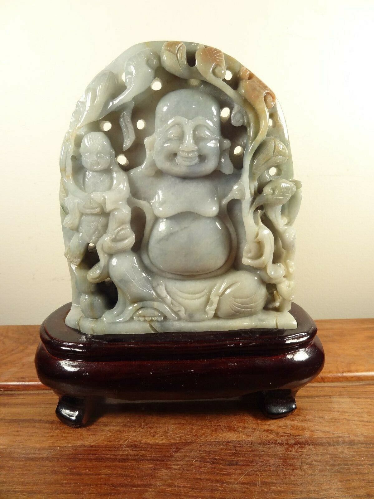 Natural Jade Carving Buddha Statue w. Stand