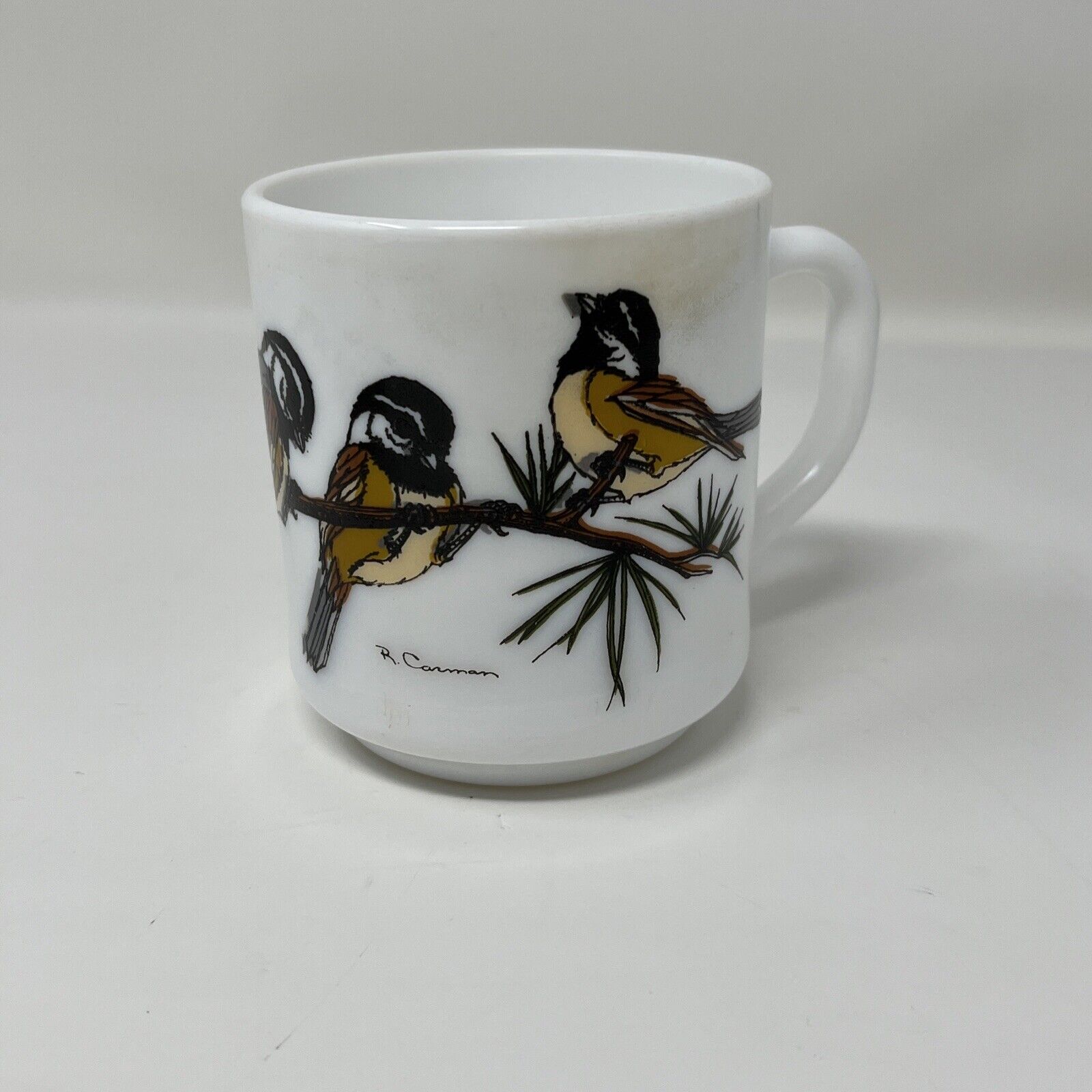 Vintage Arcopal France Milk Glass Coffee Mug Cup Chickadee Birds Signed R Carman