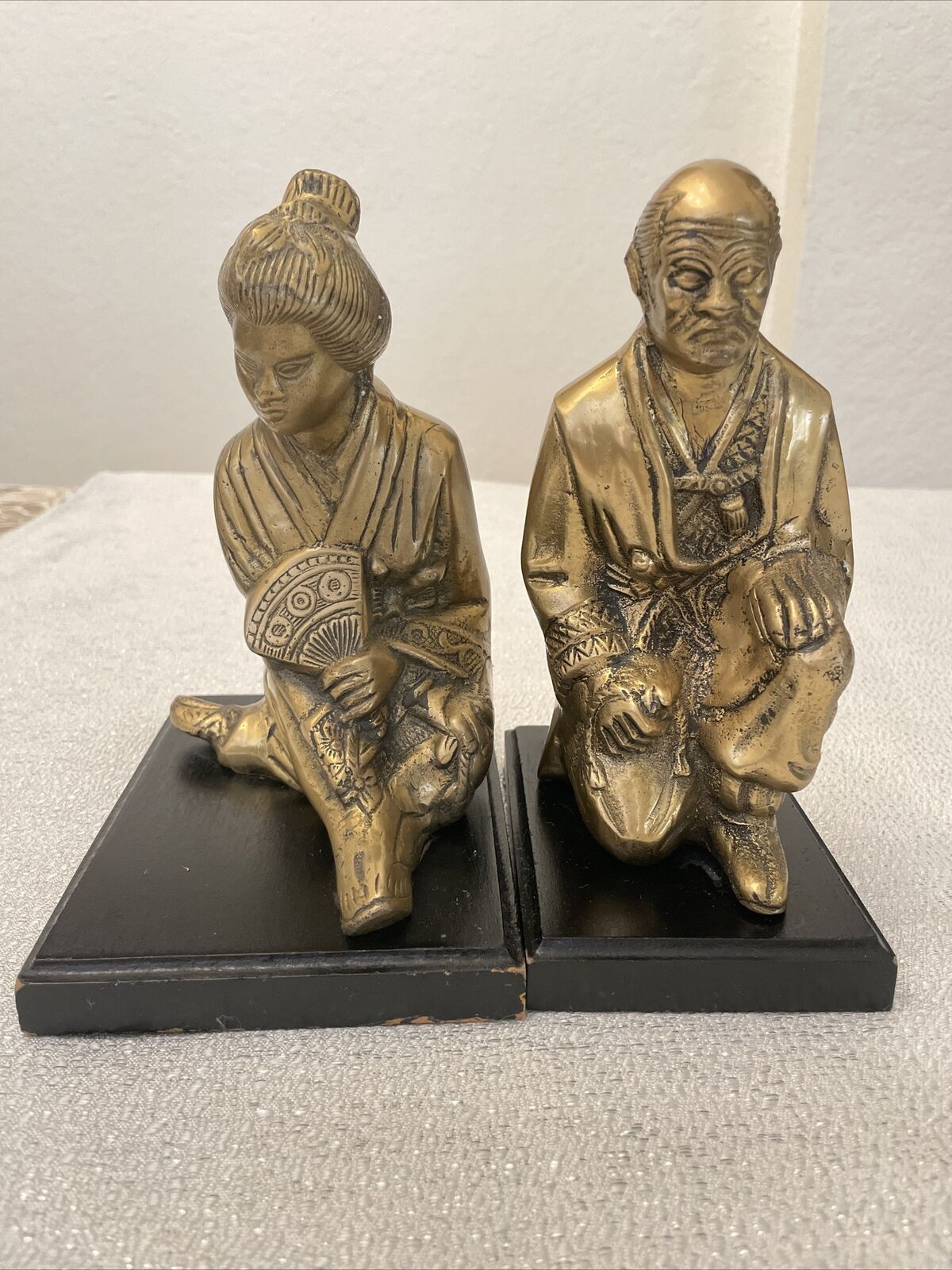 VTG Asian couple In Ceremony Positions With gold color brass metal on wood base