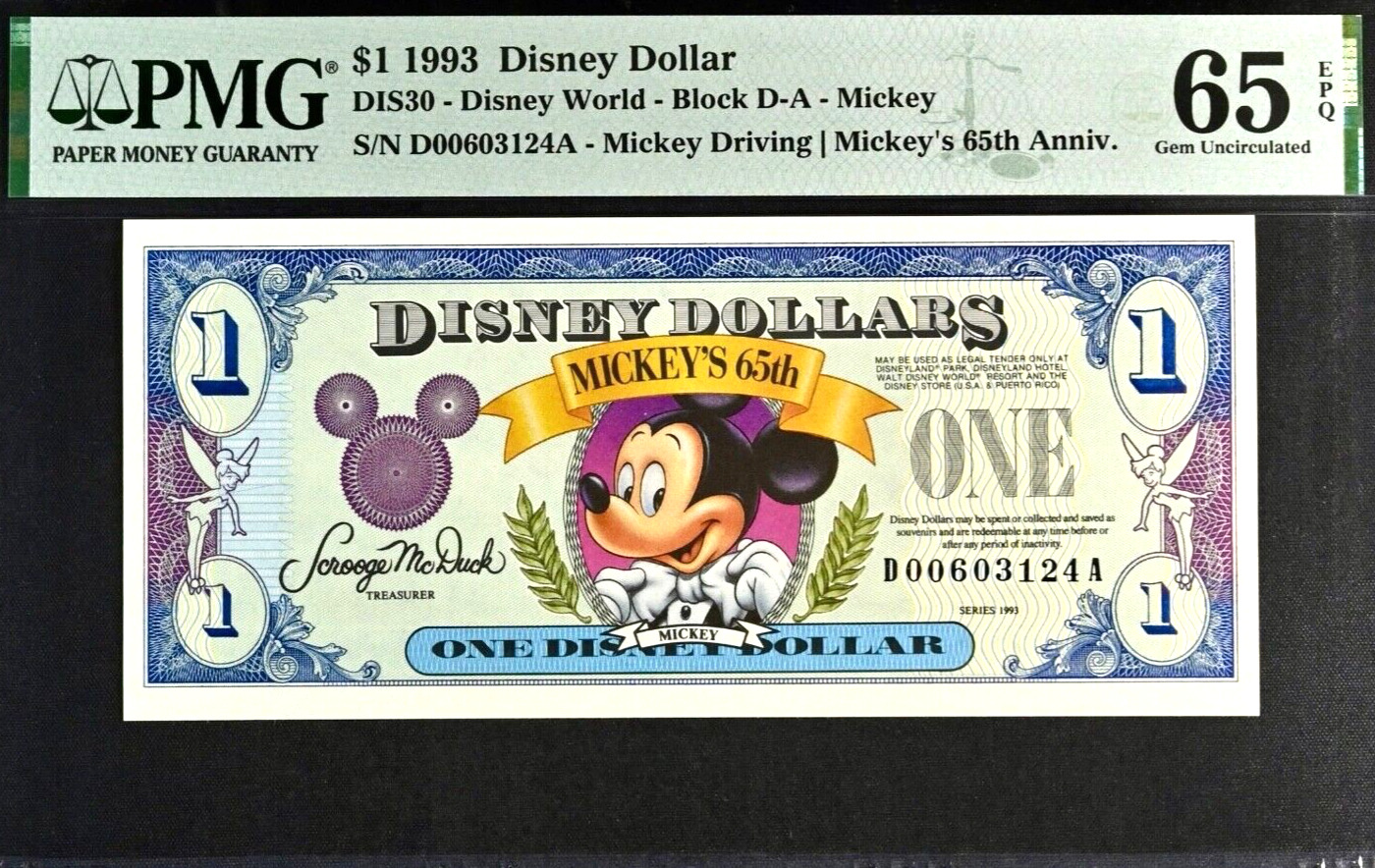 1993 Mickey Driving | Mickey's 65th Anniv. DISNEY DOLLAR  PMG 65 EPQ #D00603124A