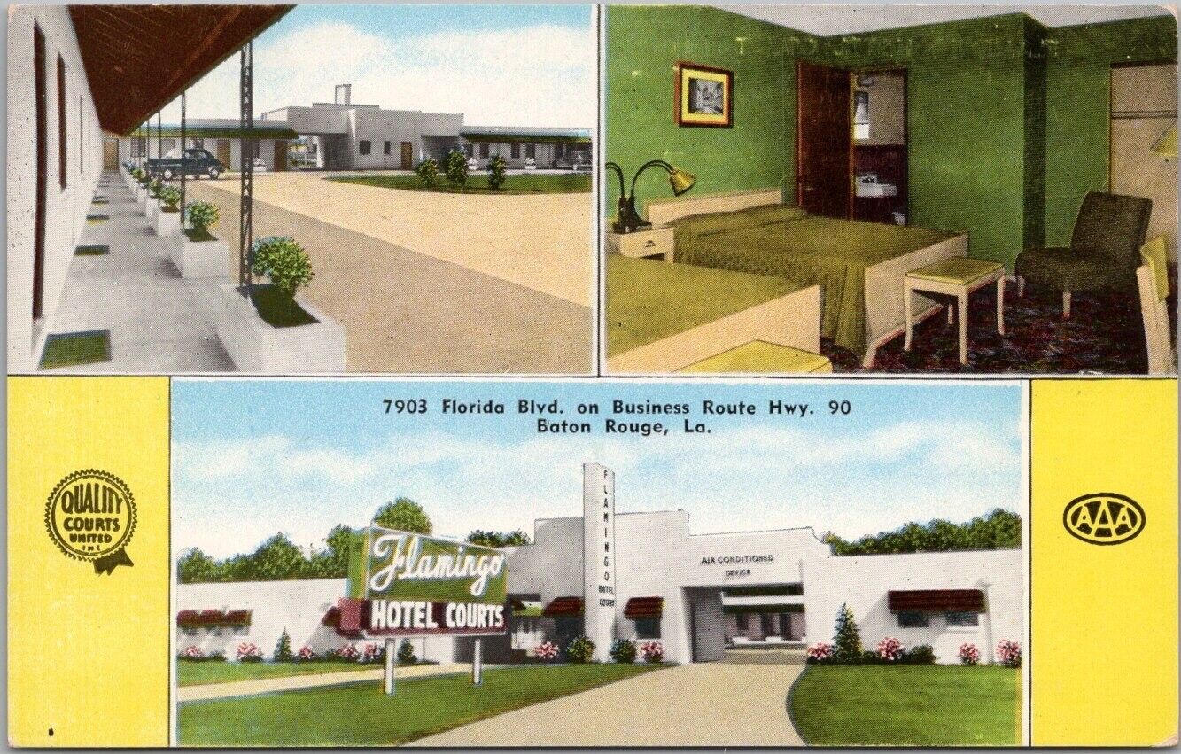 1950s BATON ROUGE, Louisiana Postcard FLAMINGO HOTEL COURTS Highway 90 Roadside